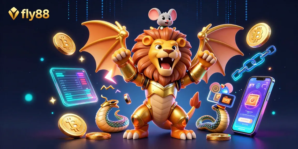 Experience the vibrant gaming scene with fly88 featuring a roaring chimera and dynamic crypto elements.