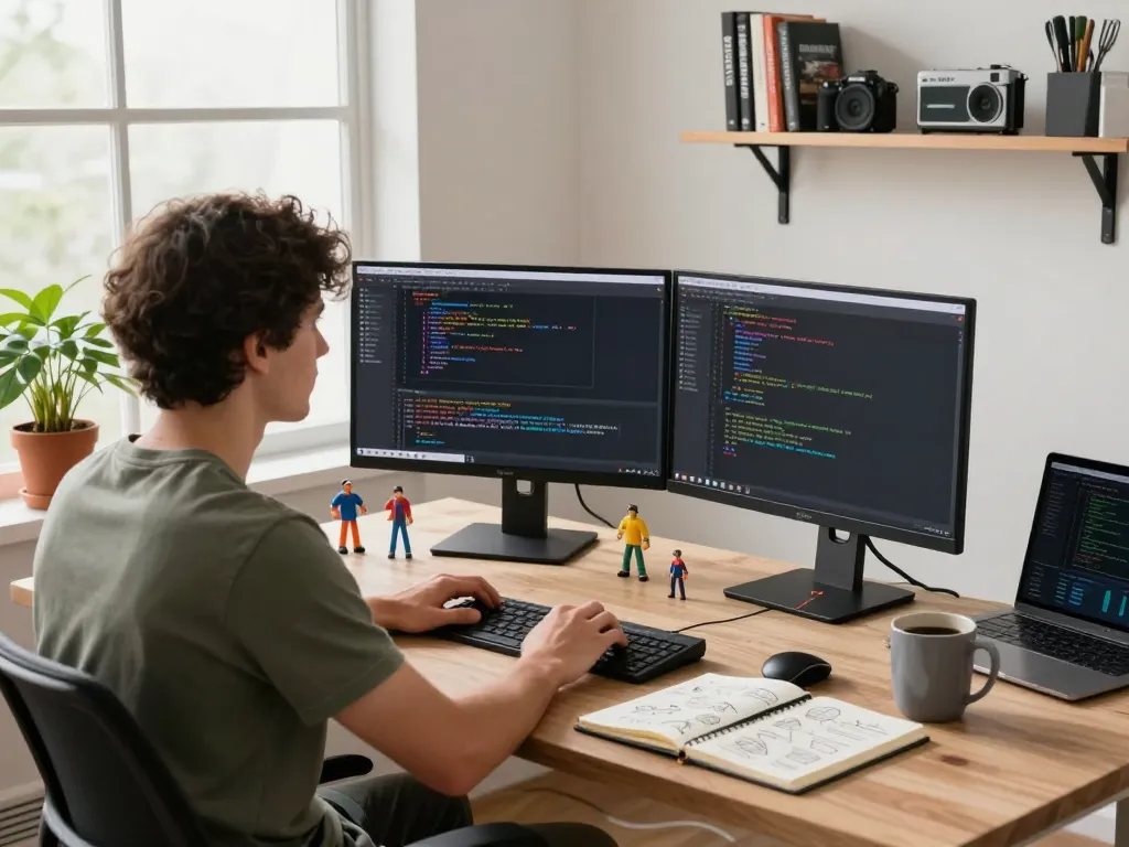 Developer using OpenClaw AI in a modern workspace with dual monitors, coffee, and tech books.