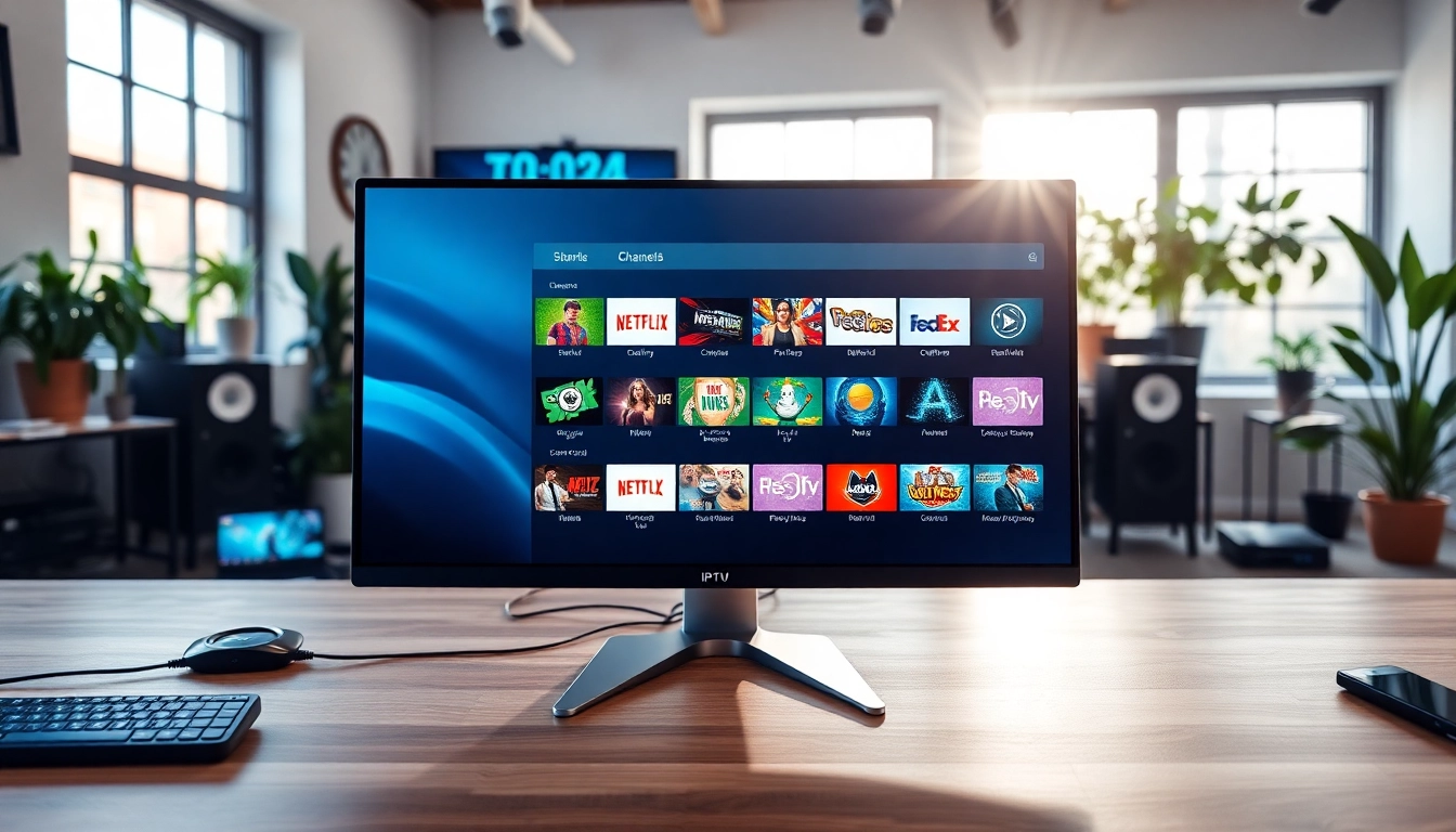 View of an IPTV M3U interface in a modern workspace, showcasing channel options.