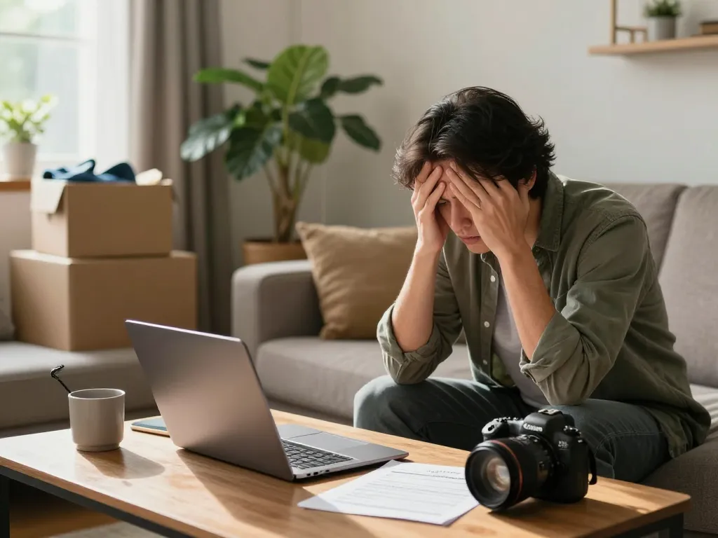 Sell my home urgently with a distressed homeowner contemplating cash offers in a warm living room.