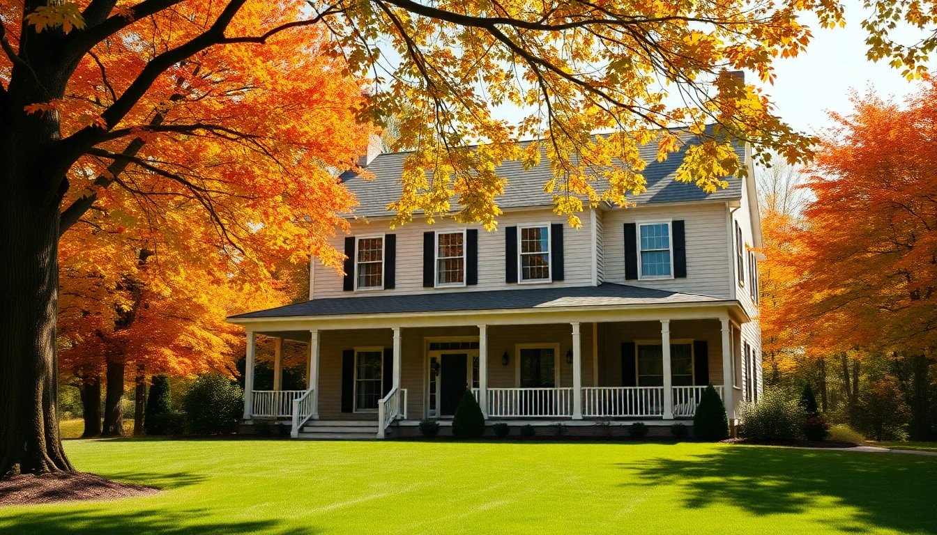 Explore an inviting colonial home build surrounded by autumn foliage and a well-maintained garden.