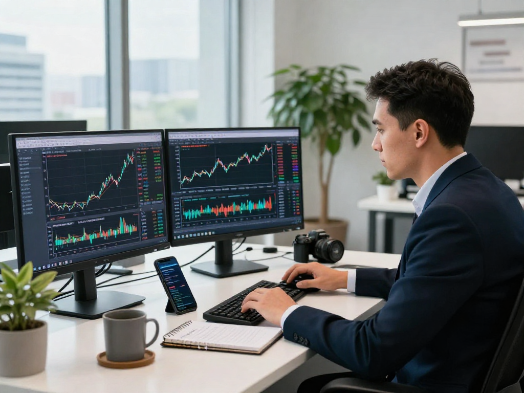 使用MetaTrader 5交易的专业交易员在现代办公室场景中，显示实时外汇图表和市场深度分析的多个监视器。