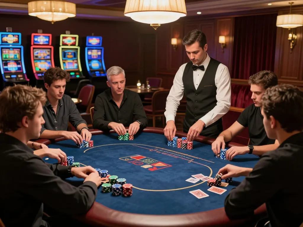 lc88 players engaging in a high-stakes poker game, colorful chips, focused excitement