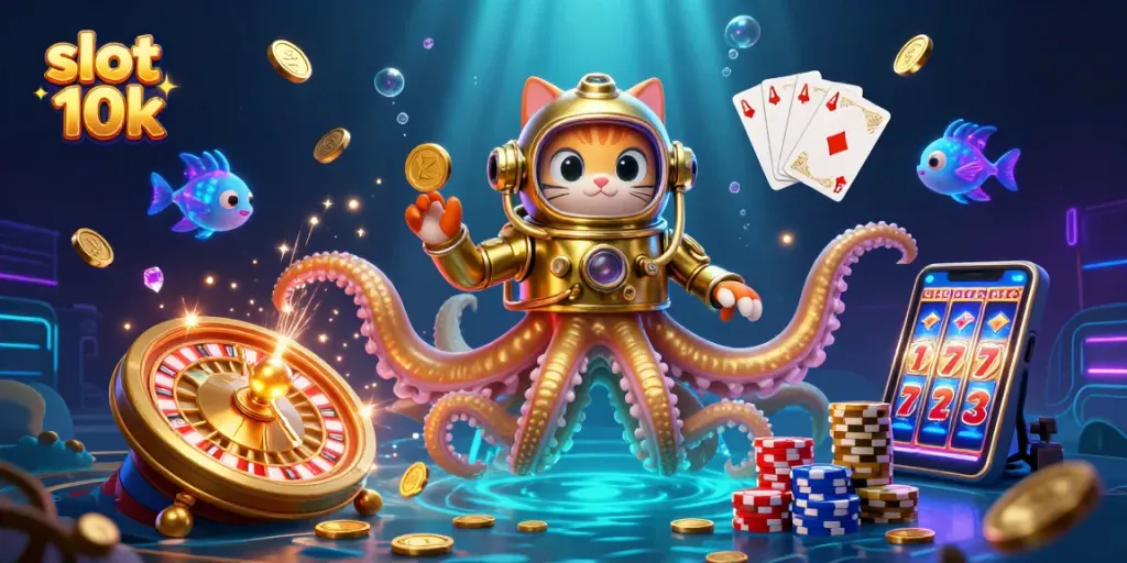Menangkan jackpot dengan slot 10k yang memikat, dikelilingi oleh koin emas dan kartu royal flush