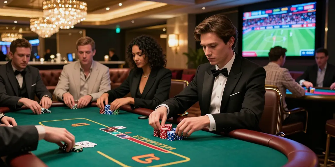 Permainan kasino online luxury12 yang mewah dengan pemain duduk di meja poker, suasana glamor dan penuh cahaya.