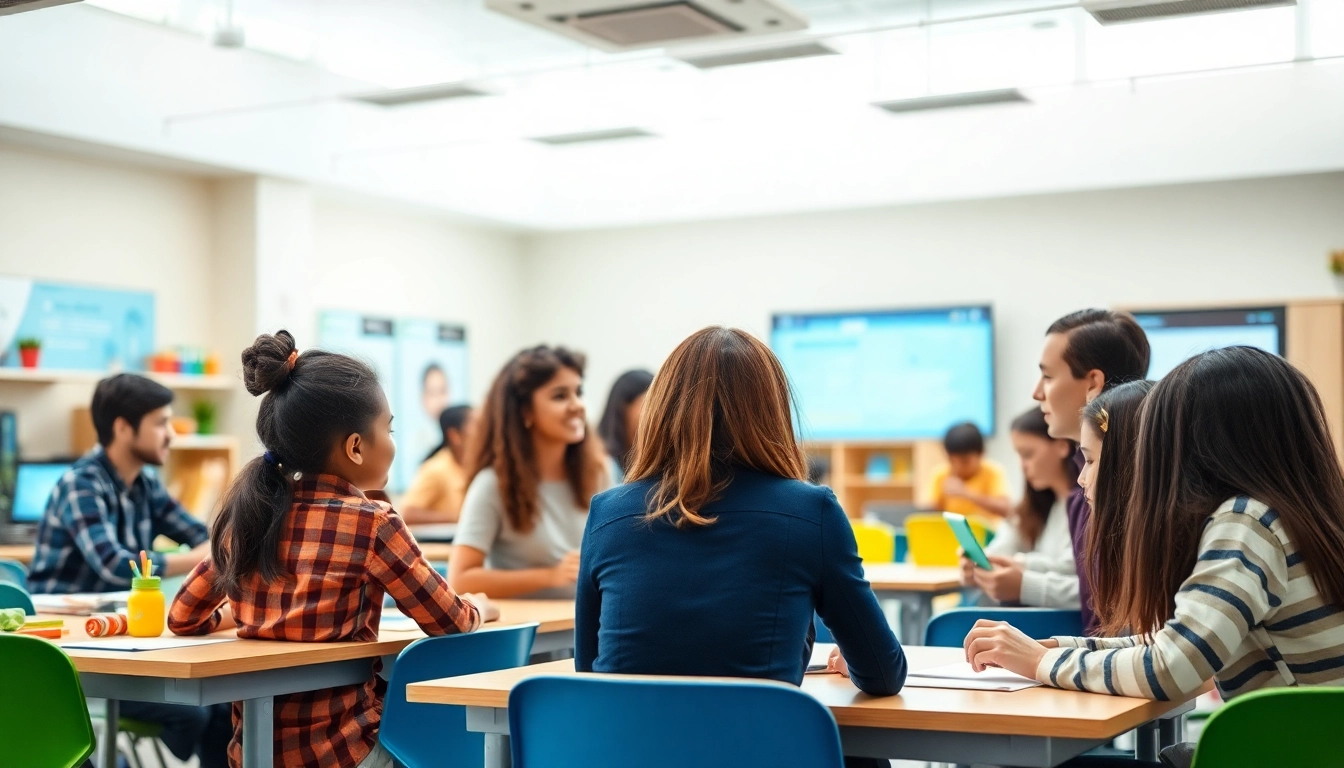 Innovative education scene showcasing diverse students and a teacher engaging in interactive learning.