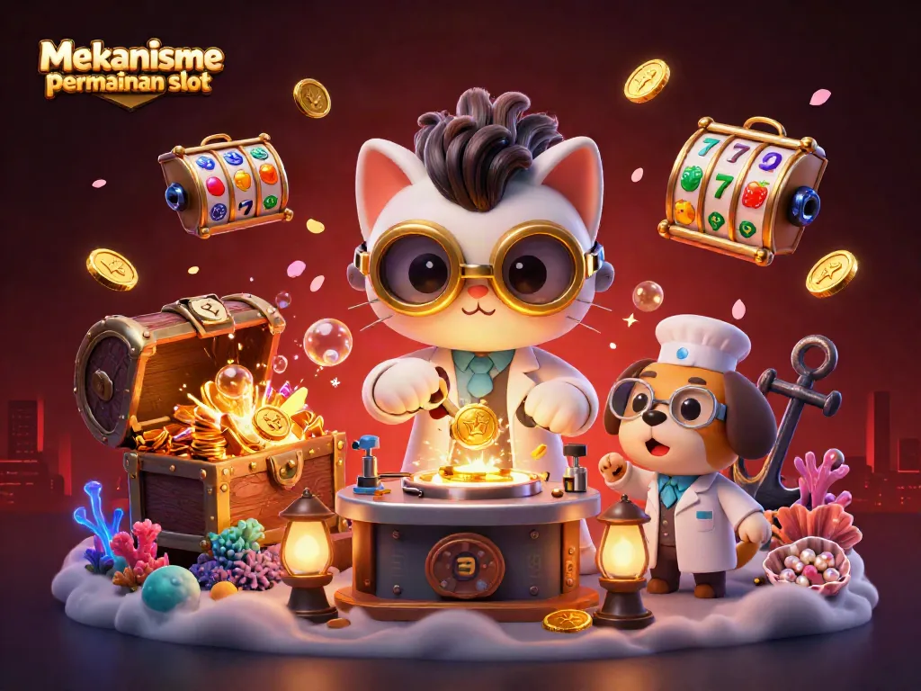 Memahami mekanisme permainan slot dengan ilustrasi karakter kartun di kasino yang penuh kegembiraan.