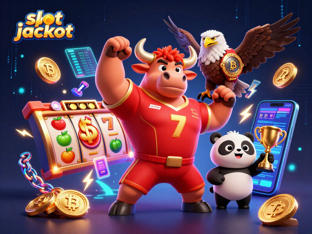 Win big with slot jackpot games featuring a bull mascot, eagle, and panda amid vibrant 3D scene.