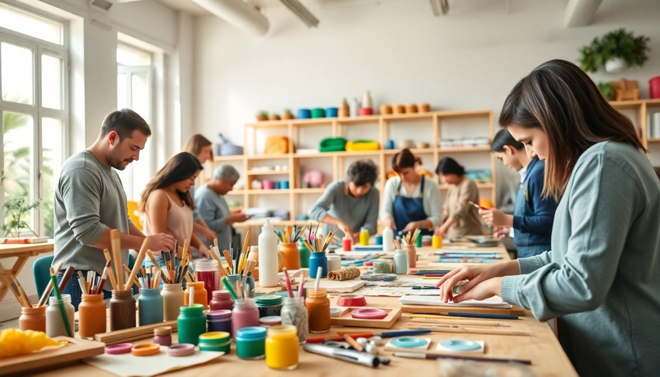 Engaging craft training programs in a lively workshop with diverse individuals creating unique projects.