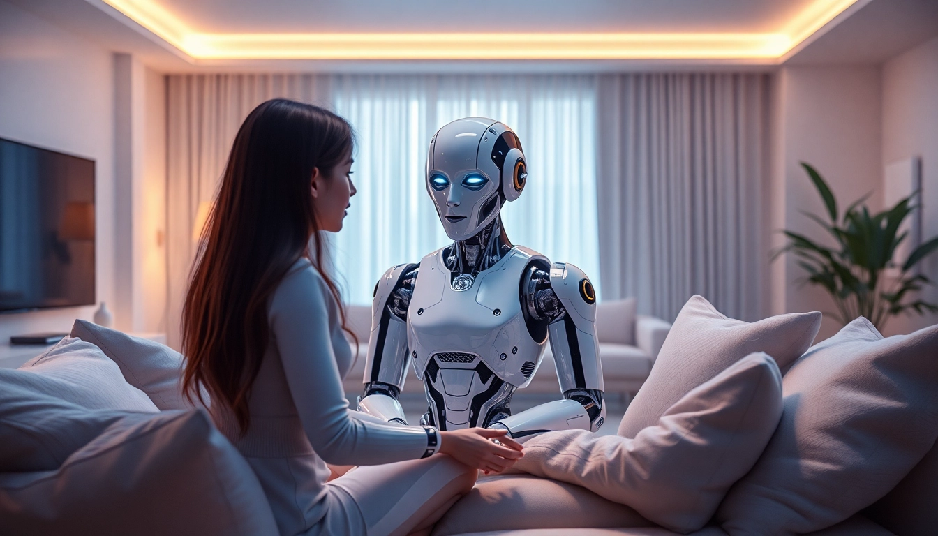 AI sex companionship scene in a futuristic living room with humanoid robot and human interaction.