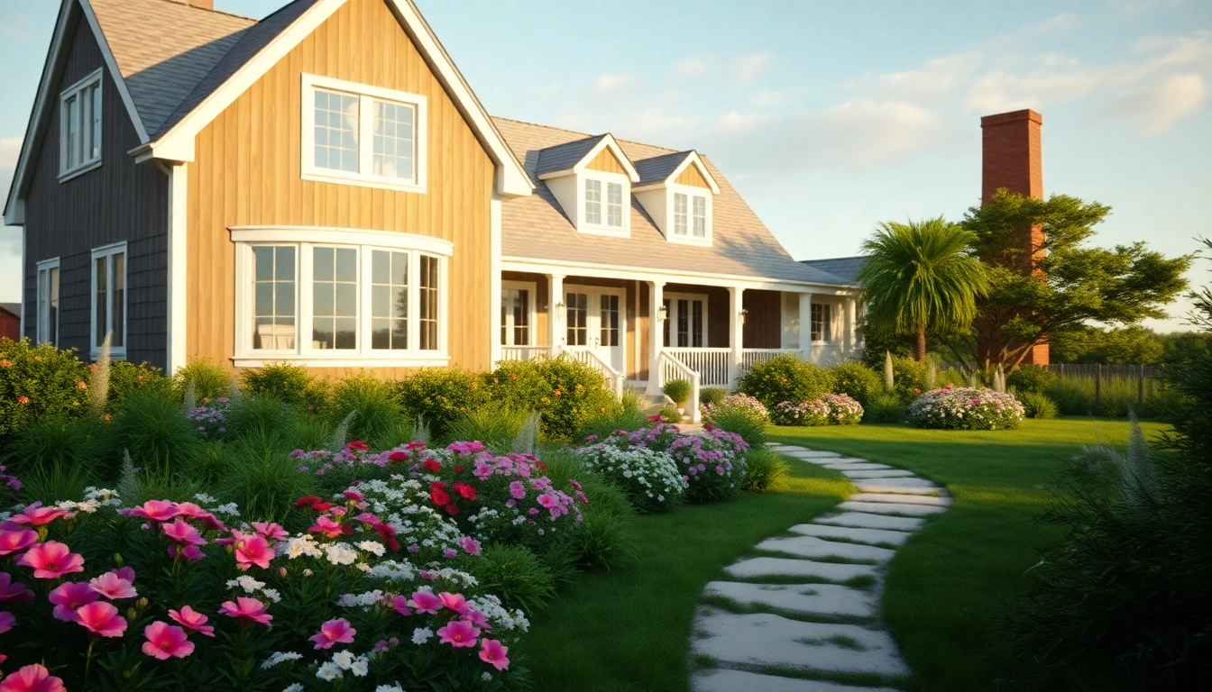 Cape Cod home surrounded by a vibrant garden and coastal landscape.