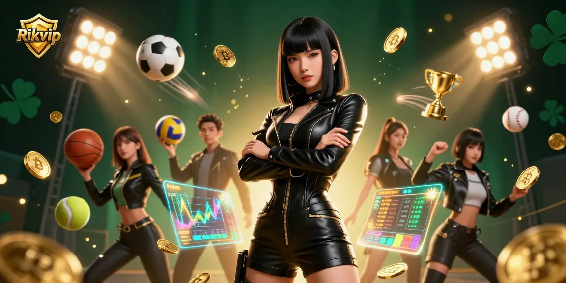 Engage with Rikvip, a premier gaming platform featuring a stunning Asian woman amidst golden cryptocurrency coins and dynamic sports elements.