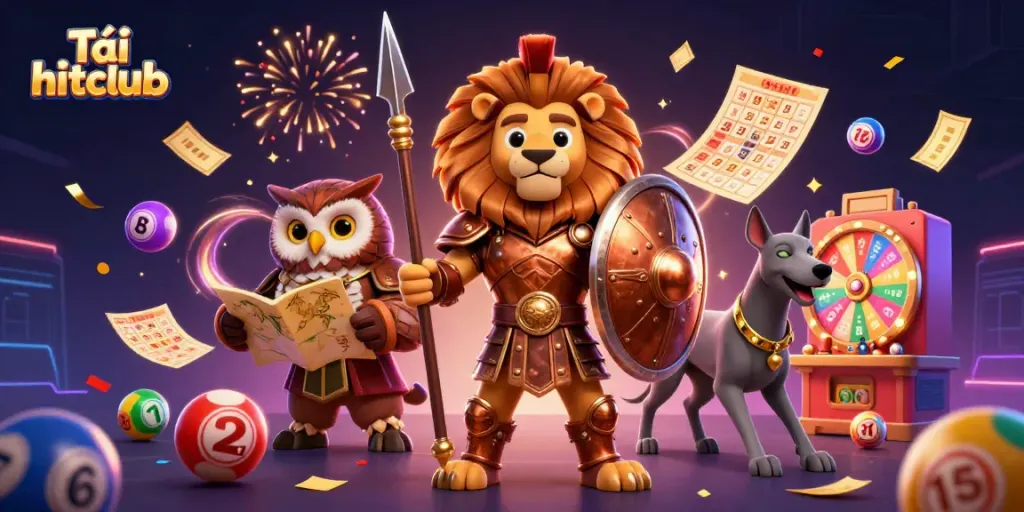 Tải hitclub game illustration featuring vibrant casino elements and dynamic characters.