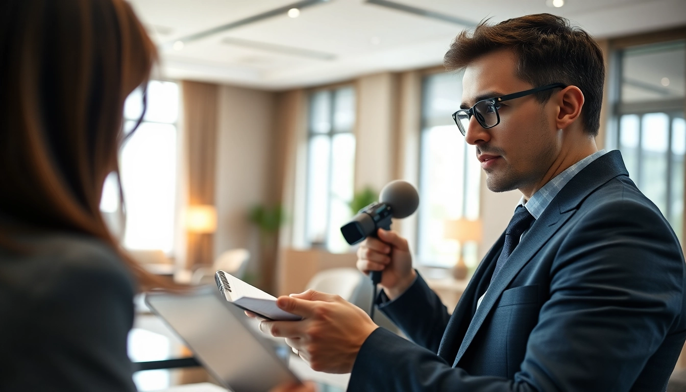 Journalist discussing pr websites in a modern office setting.