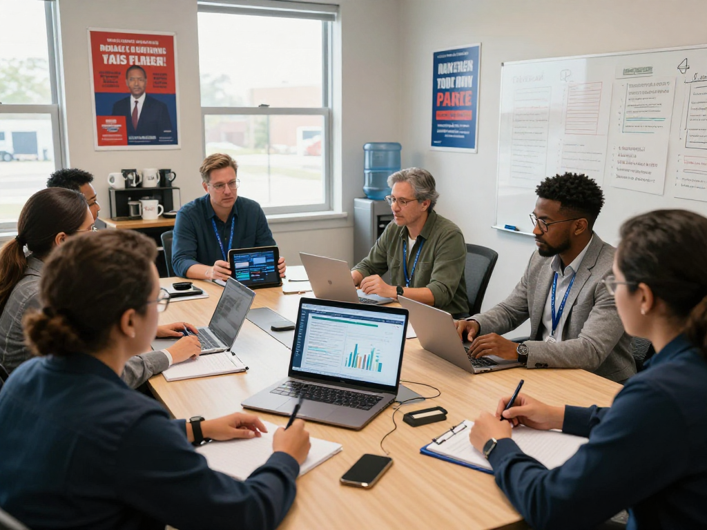 Team strategizing political campaign data to protect candidate reputation online in an energetic, collaborative office.