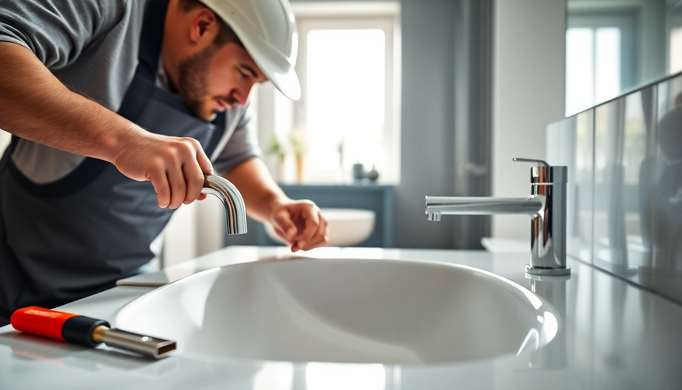 Erfahrener Handwerker von sonni sanitär GmbH installiert eine moderne Spüle in einem stilvollen Bad.