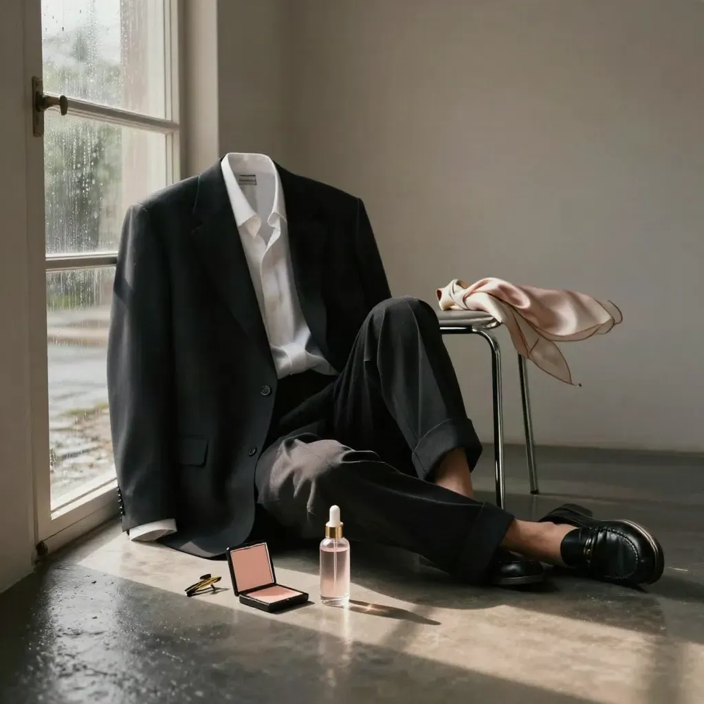 Black blazer, shirt, trousers, loafers and beauty accessories on a rain-damp studio floor.