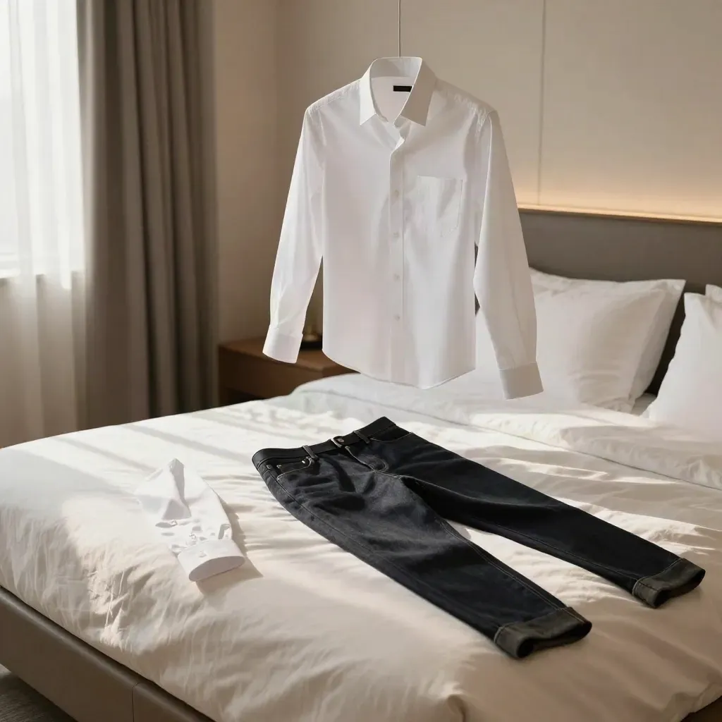 White shirt and outfit options spread across a hotel bed in soft morning light.