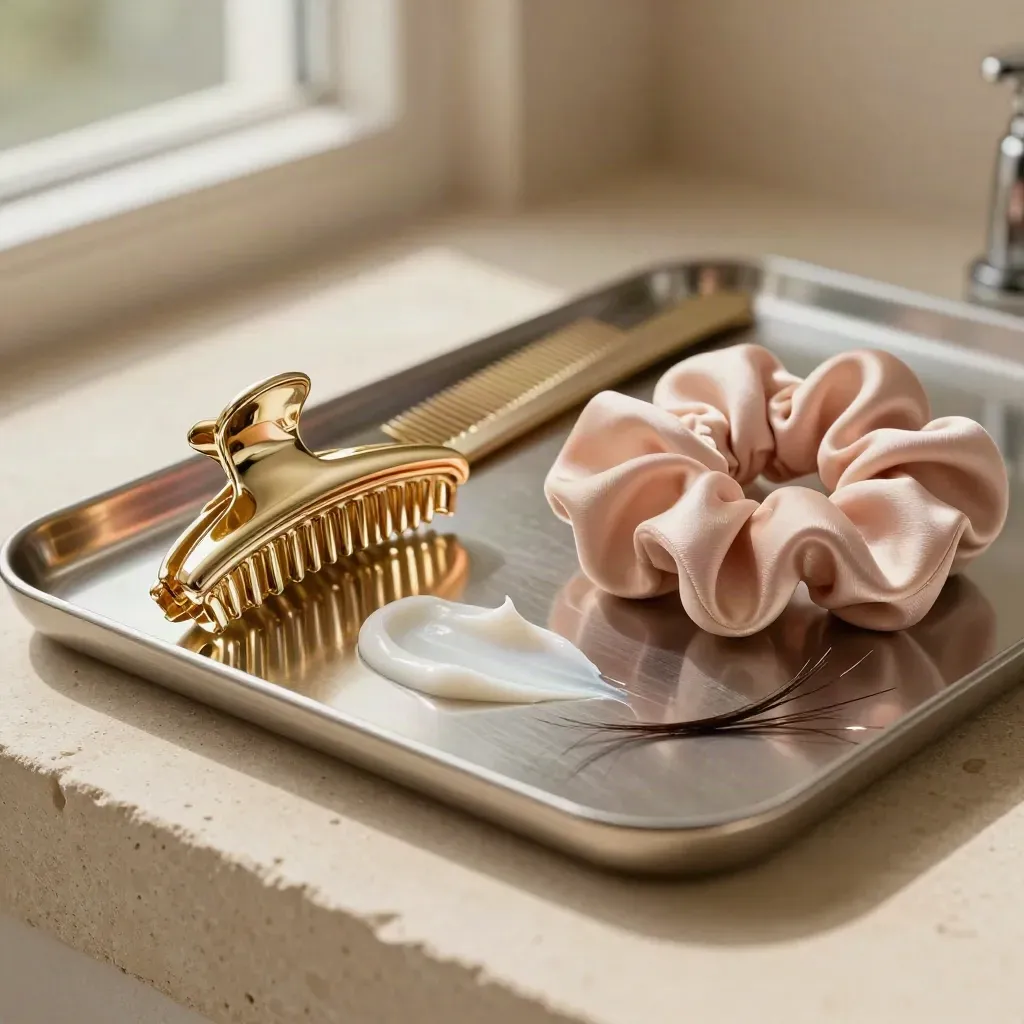 Gold claw clip, comb, cream, silk scrunchie and loose hair strands on a brushed-metal vanity tray.