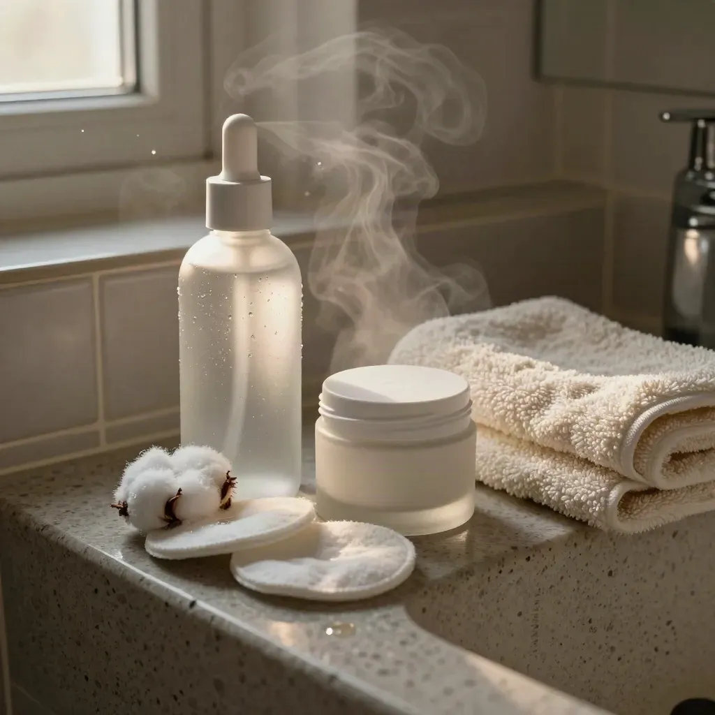 Steam-hazed skincare still life with serum bottle, cream jar, cotton rounds and ivory towel.