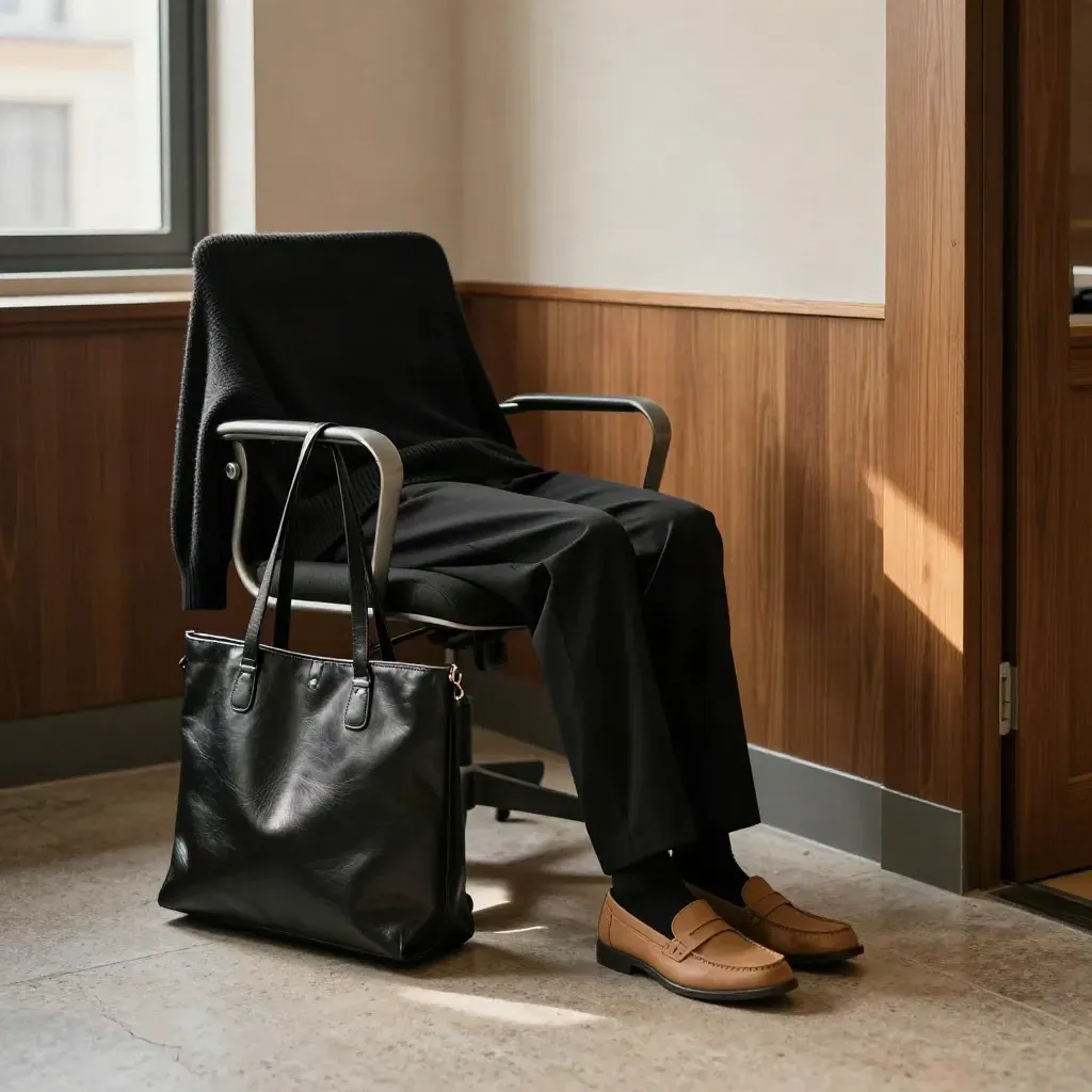 Black knit set draped over an office chair with tote and loafers on a pale stone floor.