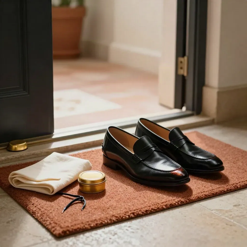 Black loafers, polish tin, cloth and spare laces by a front-door mat in warm window light.
