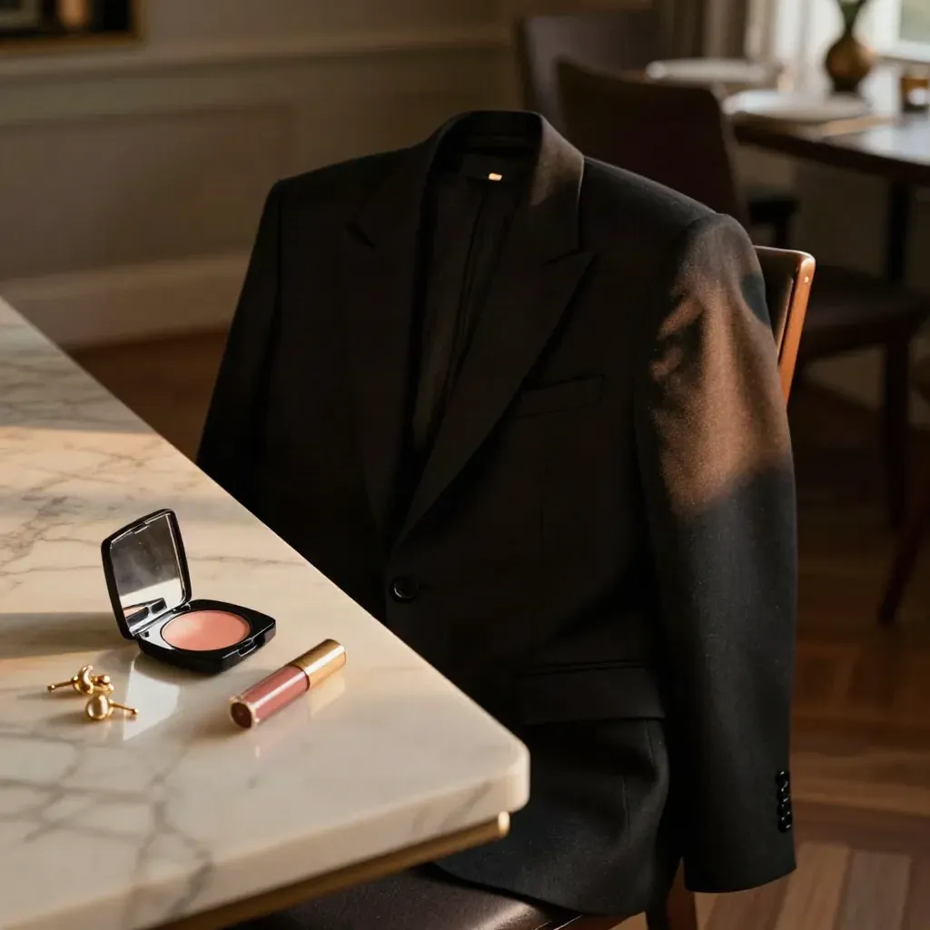 Black blazer, makeup compact, blush, lip tint, and gold earrings on marble beside a chair at dusk.
