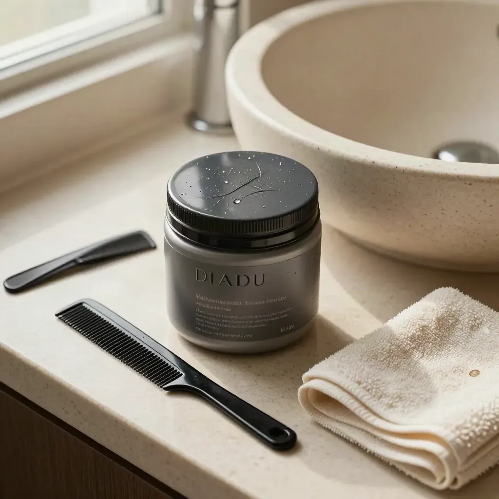 Wet-look gel tub and comb with damp strands beside a travertine sink and towel.