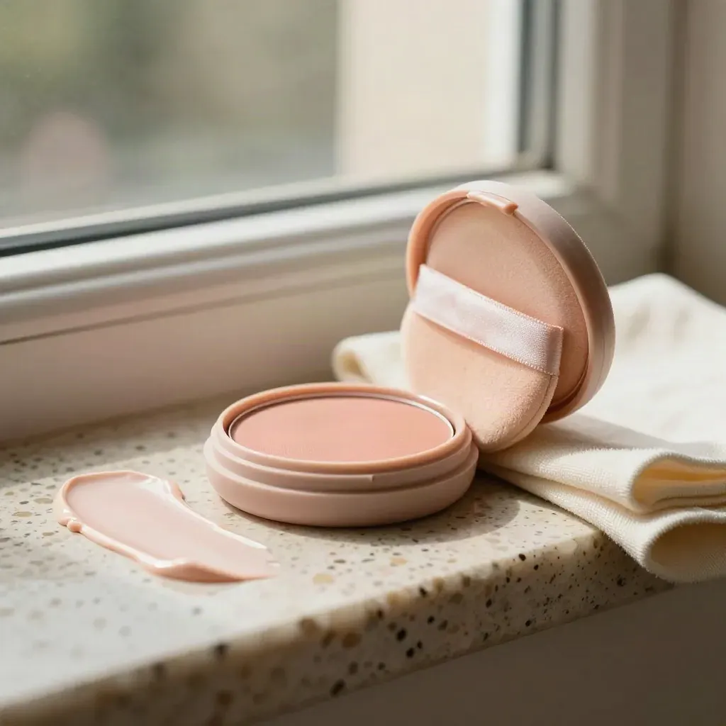 Open peach blush, balm, puff and cloth on travertine with a fresh swatch.