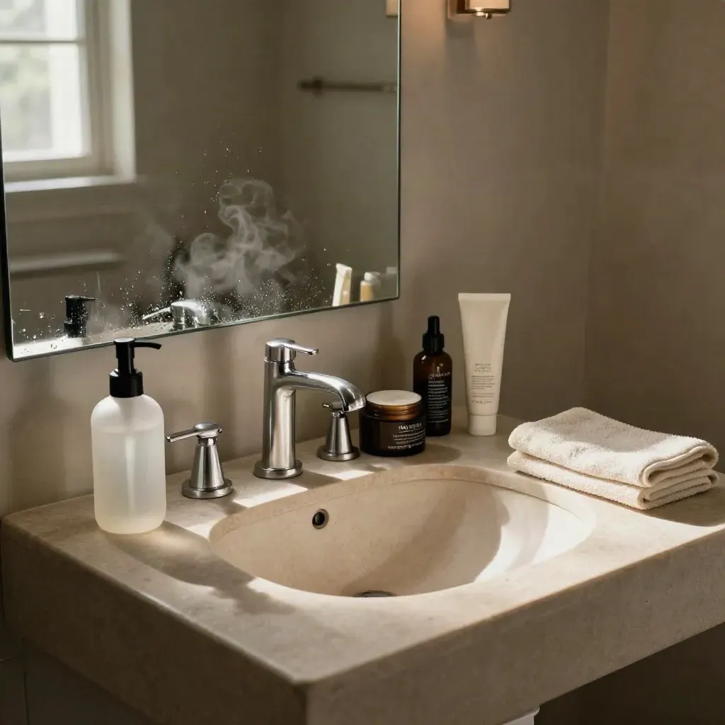 Bathroom counter with skincare items and a steam-fogged mirror in warm morning light.