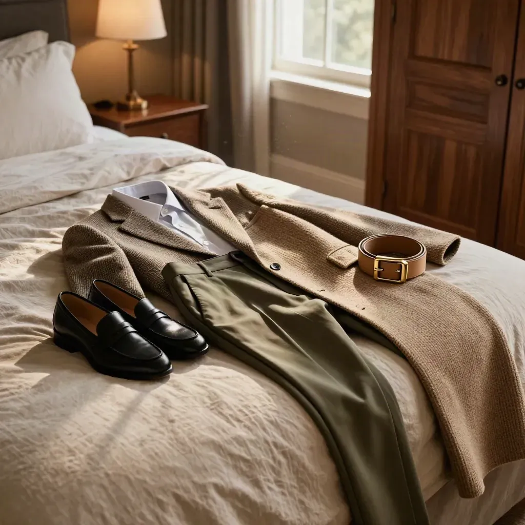 Wardrobe capsule on a bed with blazer, shirt, trousers, knit, coat, loafers, and belt.