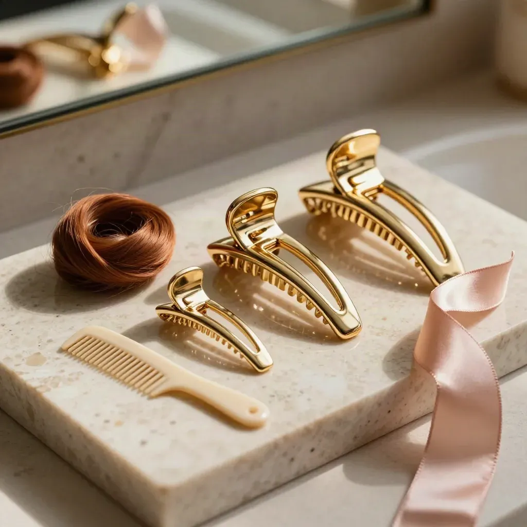 Three gold hair clips, comb, ribbon, and hair coil on a travertine tray.