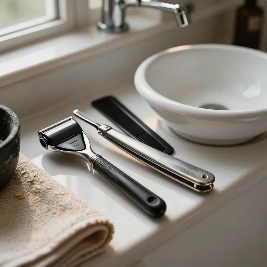 Barber tools and shaving bowl on a sink ledge with steam and window light