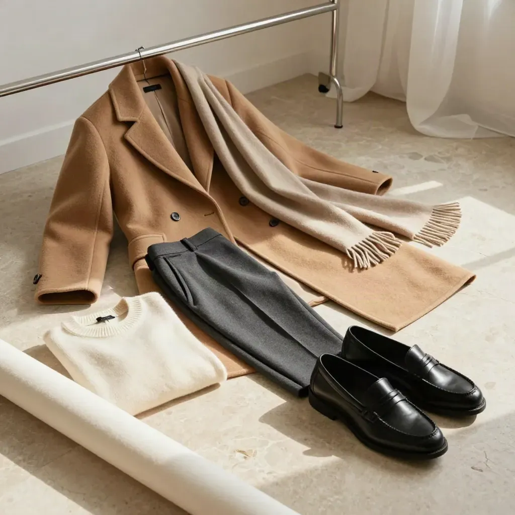 Camel coat outfit laid out on a studio floor with trousers, knit, loafers, and scarf