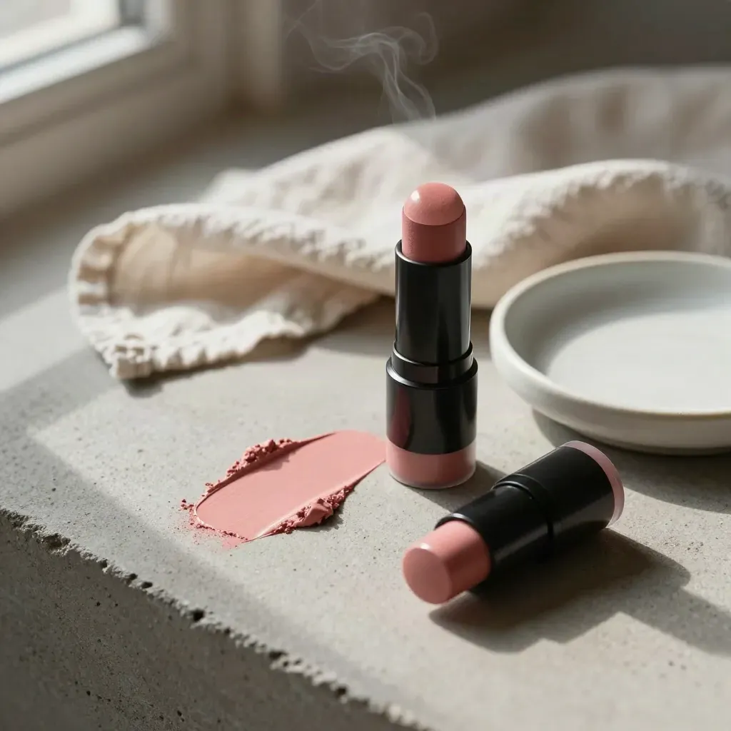 Blush makeup products on cool concrete with linen and a petal swatch in dramatic light.