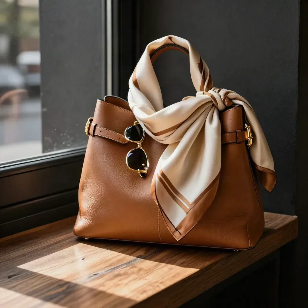 Silk scarf in a tan leather bag beside sunglasses, belt loop and knit sleeve by a sunny window.