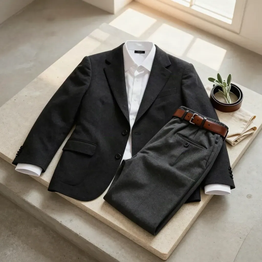 Overhead flatlay of blazer, shirt, trousers, belt, linen, and sage plant on stone tray.