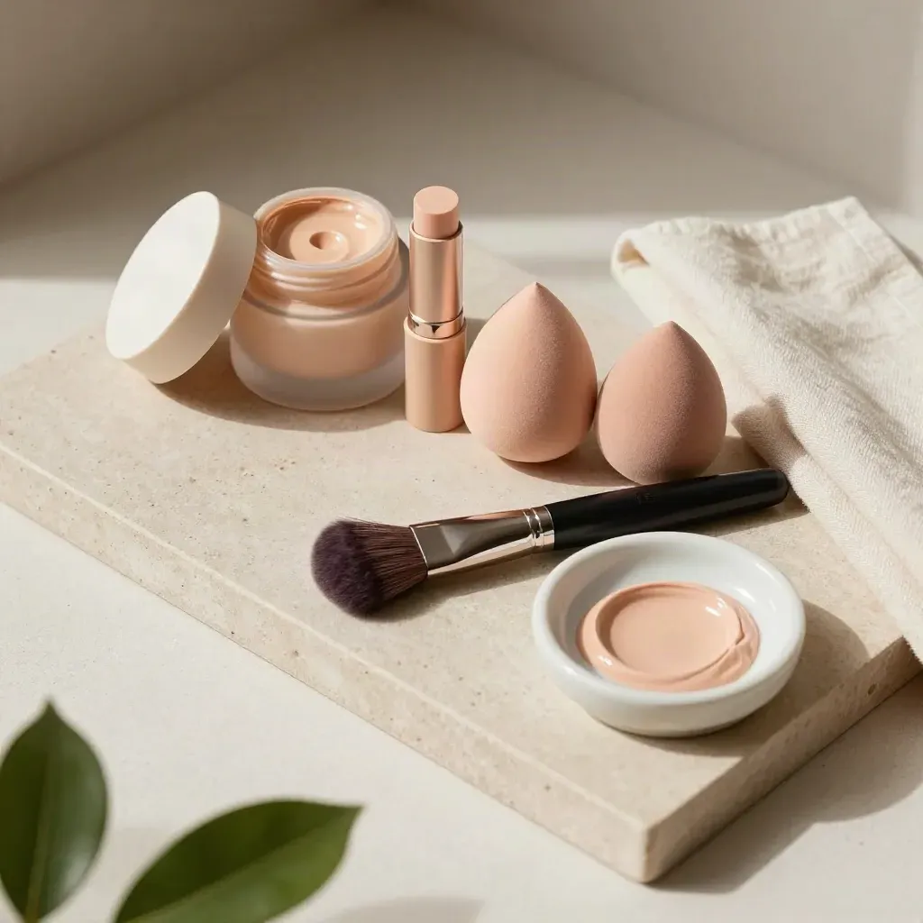 Overhead makeup still life with foundation jar, concealer, sponge, brush, dish, leaf and blush cloth.