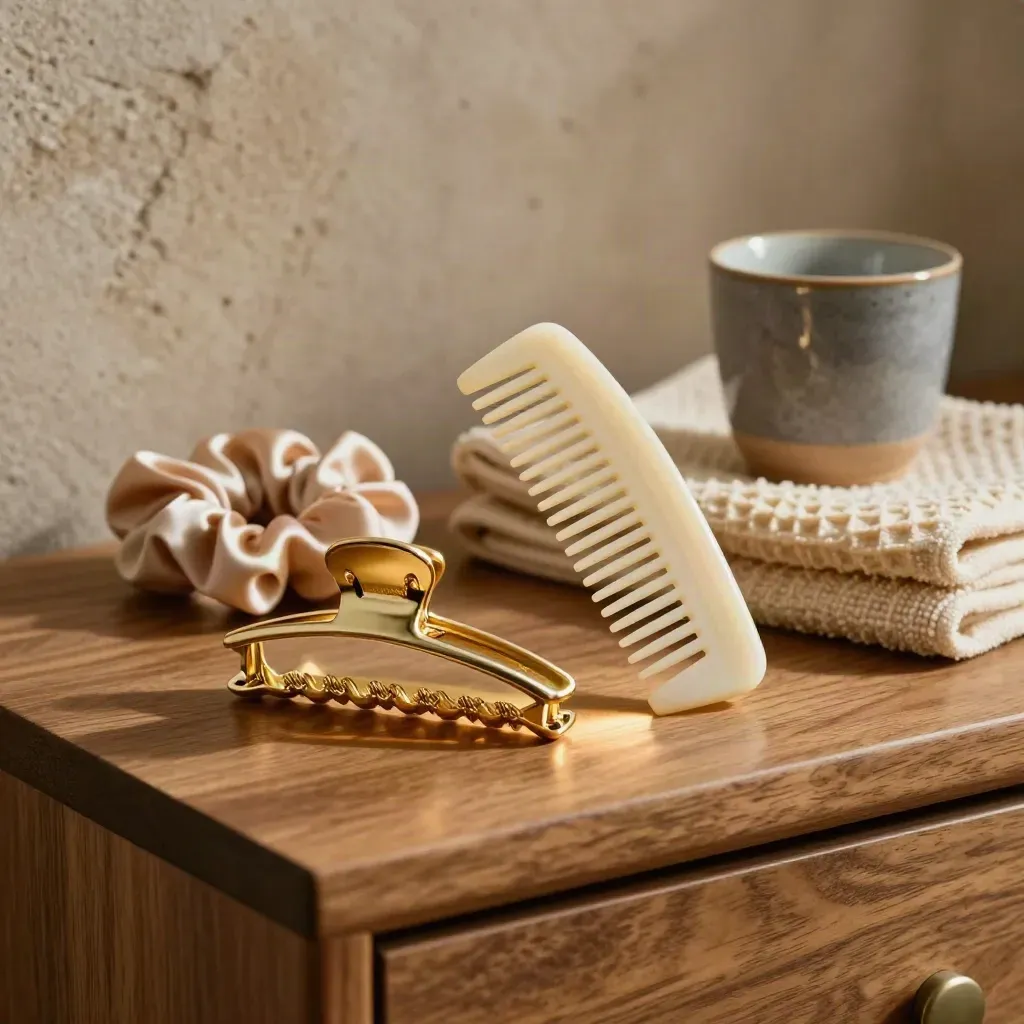 Gold claw clip, comb, scrunchie, towel, and ceramic cup on a vanity shelf.