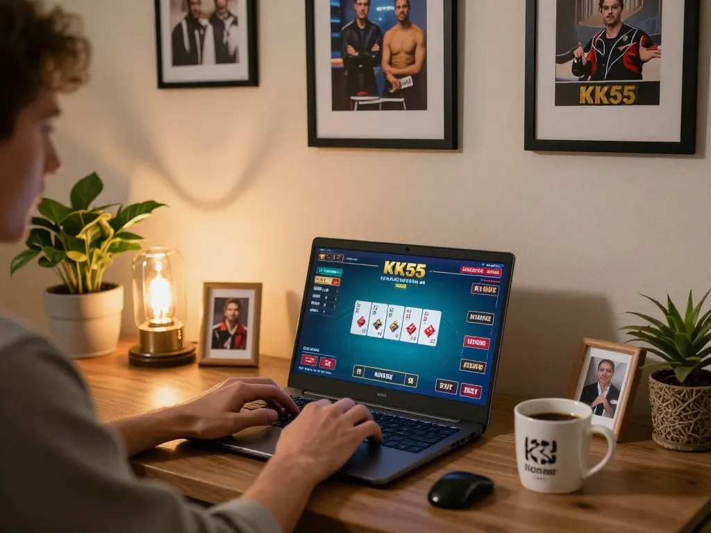 Player enjoying KK55 online casino games in a cozy home office setup with laptop and ambient lighting