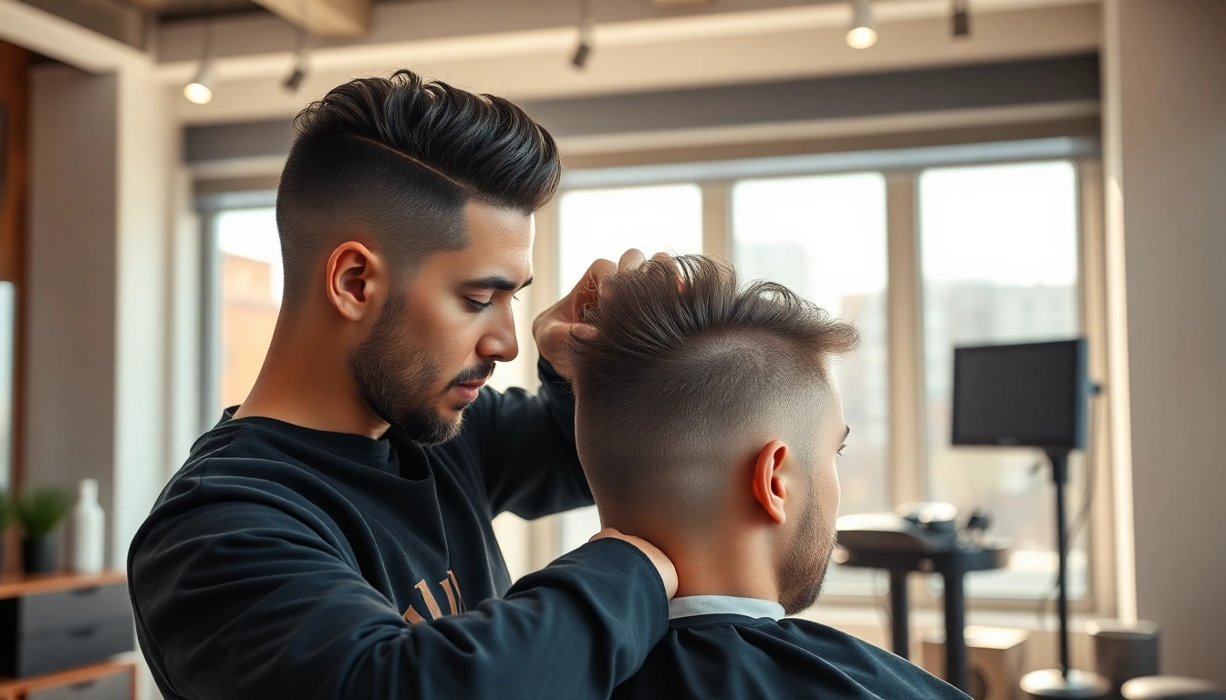 Ace of Fades 212 barber demonstrating hair replacement techniques in a stylish NYC studio.