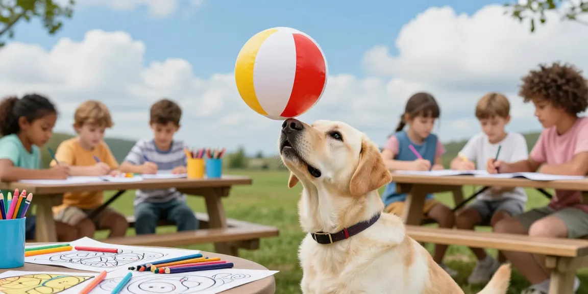Engaging Labrador Retriever balancing a beach ball among kids enjoying cartoon character coloring pages outdoors.