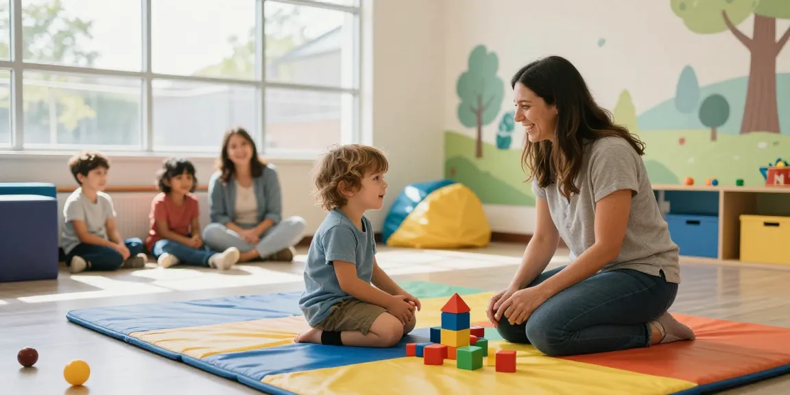 Advantage Therapy Reviews showcase a child engaged in therapeutic play with a supportive therapist in a vibrant sensory gym.