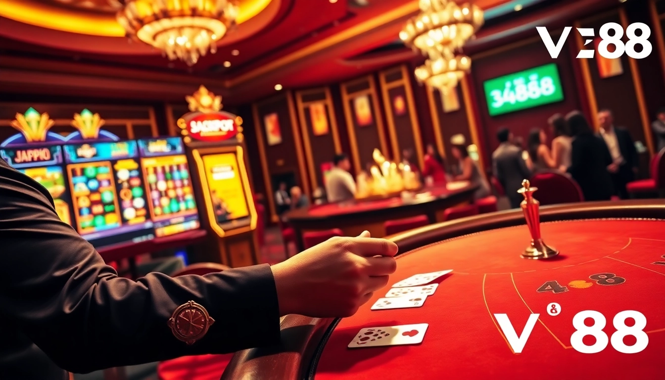 Experience the thrilling atmosphere of VN88’s vibrant casino floor with elegant gaming tables and exciting slot machines.