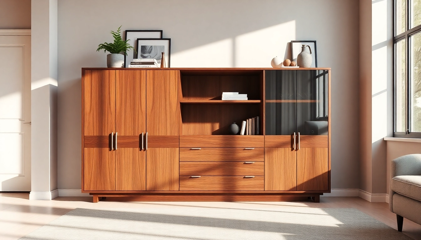 Showcase a stylish storage cabinet with elegant features in a modern living room