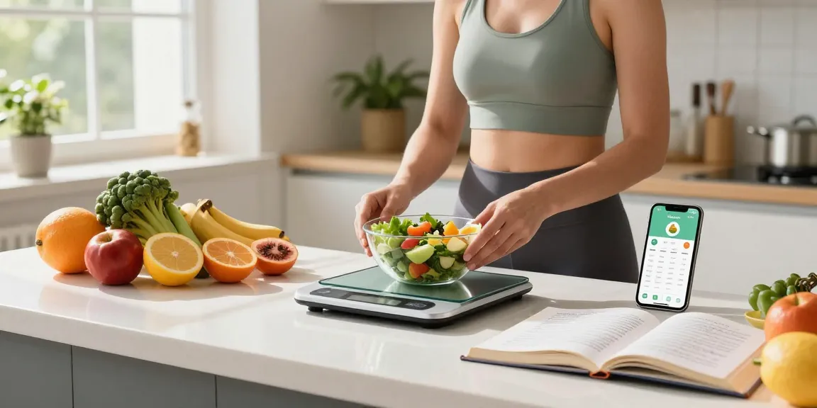 Individual measuring ingredients in a bright kitchen using the best nutrition tracking app for healthy meal prep.