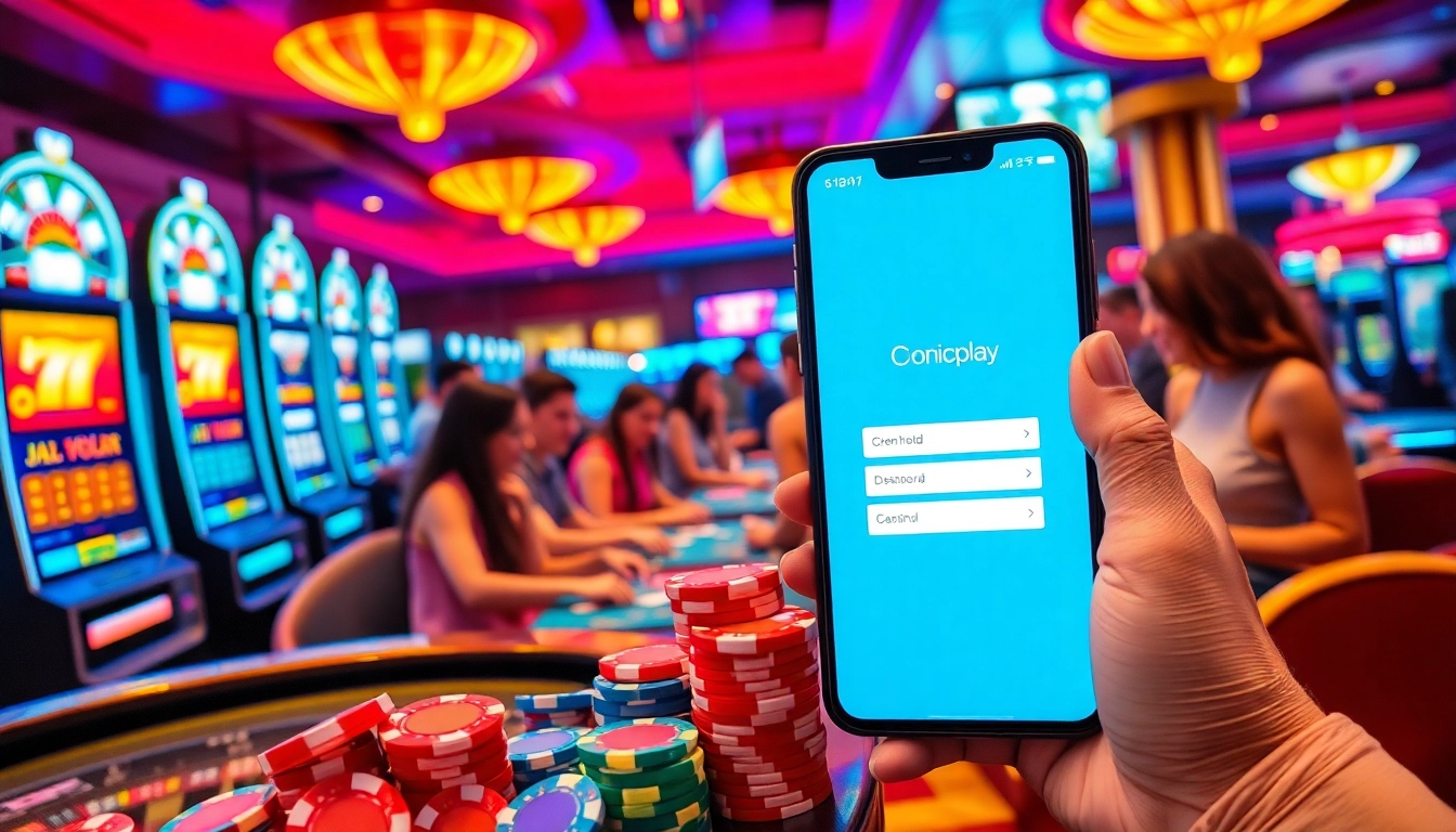 Engaging scene of players at a casino with onicplay login interface on a smartphone, showcasing excitement.