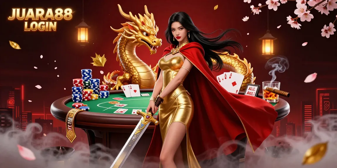 Engage with JUARA88 LOGIN at a vibrant poker scene featuring a warrior queen and dragon.