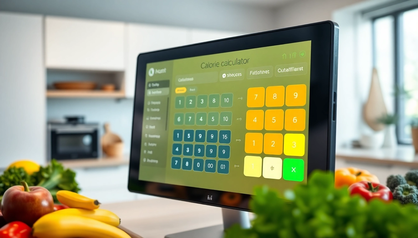 Utilize the calorie calculator to assess daily calorie needs in a vibrant kitchen setting.