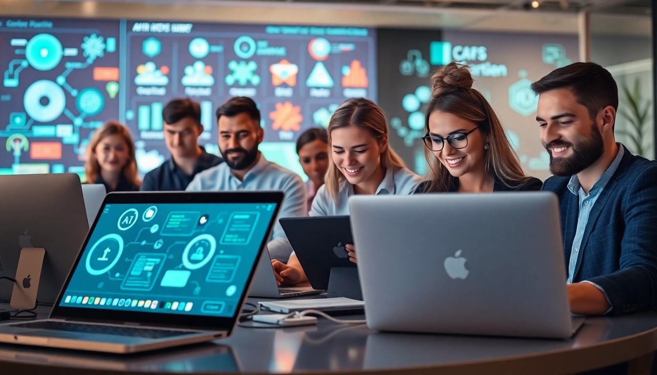 Engaging AI tool marketplace with diverse users collaborating on digital platforms.